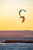 France, Bouches du Rhone, Marseille, the beaches of the Prado, the beach of the Old Chapel, Kite surfing at sunset