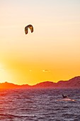 France, Bouches du Rhone, Marseille, the beaches of the Prado, the beach of the Old Chapel, Kite surfing at sunset