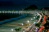 View over Copacabana Beach at night, Rio de Janeiro, Rio de Janeiro, Brazil, South America