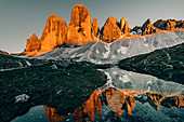 Sunset Three Peaks in the Sesto Dolomites, South Tyrol, Italy, Europe;