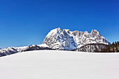 Wilder Kaiser mit schneebedeckter Wiese im Vordergrund, St. Johann in Tirol, Kitzbühler Alpen, Österreich