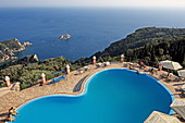 Pool terrace of the Golden Fox Hotel, Lakonas, Corfu, Ionian Islands, Greece