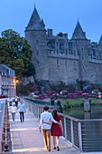 France, Morbihan, Josselin, canal street on a summer evening