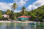 Martinique, am Strand von Anses d'Arlets, beherbergt am Rande des Wassers und badet im Vordergrund Fischerboote vor Anker am Strand verlegte Boote