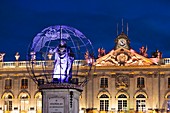 France, Meurthe et Moselle, Nancy, Stanislas square (former royal square) built by Stanislas Lescynski, king of Poland and last duke of Lorraine in the 18th century, listed as World Heritage by UNESCO, statue of Stanislas and facade of the townhall