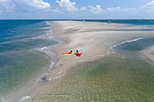 France, Gironde, Bassin d'Arcachon, sandbank at low tide along the Teychan channel (aerial view)