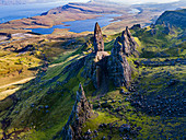 Aerial of the Storr pinnacle, Isle of Skye, Inner Hebrides, Scotland, United Kingdom, Europe