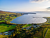 Aerial of Uig bay, Isle of Skye, Inner Hebrides, Scotland, United Kingdom, Europe