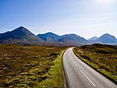 Road leading into the Black Cuillin ridge, Isle of Skye, Inner Hebrides, Scotland, United Kingdom, Europe