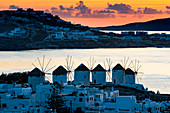 The Windmills (Kato Milli) at sunset, Horta, Mykonos, Cyclades, Greek Islands, Greece, Europe