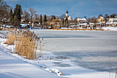 Path on the shore of the frozen Lake Bayersoien, Bad Bayersoien, Upper Bavaria, Bavaria, Germany