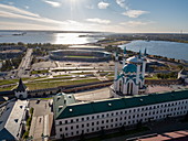 Aerial view of Kazan Kremlin with Kazan Stadionn and Volga River behind it, Kazan, Kazan District, Republic of Tatarstan, Russia, Europe