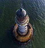 Frankreich, Gironde, Verdon sur Mer, Felsplateau von Cordouan, Leuchtturm von Cordouan, aufgeführt als Monument Historique, Gesamtansicht bei Flut (Luftaufnahme)