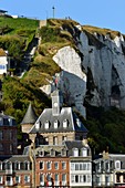 France, Seine Maritime, Le Treport, quay Francois I with old town hall from 1882 and the cliffs
