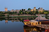 France, Maine et Loire, Angers, the river port, restaurant pizzeria L'eau à la Bouche with Saint Maurice cathedral and the castle of the Dukes of Anjou