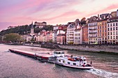 France, Rhone, Lyon, historic district listed as a UNESCO World Heritage site, Old Lyon, Quai Fulchiron on the banks of the Saone river and Saint Georges church