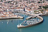 France, Charente Maritime, La Flotte, labelled Les Plus Beaux Villages de France (The Most Beautiful Villages of France), the village and the harbour (aerial view)