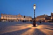France, Meurthe and Moselle, Nancy, place Stanislas (former Place Royale) built by Stanislas Leszczynski, king of Poland and last duke of Lorraine in the eighteenth century, classified World Heritage of UNESCO, statue of Stanislas in front of the town hall by night