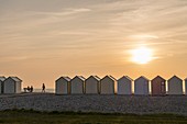 France, Somme, Cayeux sur Mer, the beach cabins on the longest boardwalk in Europe