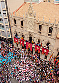 Castell human tower in front of the City Hall during the Festa Major Festival, elevated view, Terrassa, Catalonia, Spain, Europe