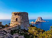 Torre des Savinar and Es Vedra Island, Ibiza, Balearic Islands, Spain, Mediterranean, Europe