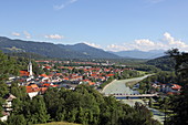 View from Kalvarienberg to Isar and Bad Toelz, Isarwinkel, Upper Bavaria, Bavaria, Germany