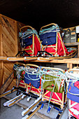 Various sledges in the warehouse, Björn Klauer's husky farm, Bardufoss, Norway