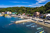 Aerial view of traditional Filipino Banca outrigger canoes and port area, Barangay I, Romblon, Romblon, Philippines, Asia