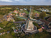 Aerial view of the Koffiemolen windmill and farm buildings, Formerum, Terschelling, West Frisian Islands, Friesland, Netherlands, Europe