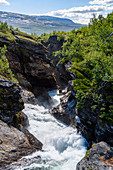 Mountain panoramas and gorges along the Silvervägen (R 77) to Junkerdal, Norway