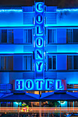 Colony hotel by night, South Beach, Miami, Florida, USA