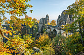 Bastei rock bridge in autumn, Saxon Switzerland, Saxony, Germany