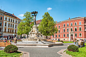Springbrunnen auf dem Postplatz im Stadtzentrum von Görlitz, Sachsen, Deutschland