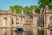Nymphenbad fountain in the Zwinger with a view of the Grosse Kaskade, Dresden, Saxony, Germany