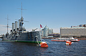 Armored deck cruiser Aurora on Petrovskij Ufer in St. Petersburg, Armored cruiser Aurora, Petrovskaja nab., Great Neva, Neva, Nevka, Russia, Europe