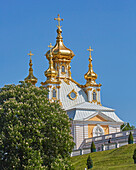 Blick vom Unteren Park zur Kirche im Peterhof, Petergóf bei St. Petersburg, Finnischer Meerbusen, Russland, Europa