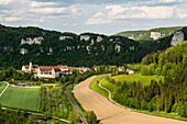 View from the Knopfmacherfelsen to Beuron Abbey, near Fridingen, Upper Danube Nature Park, Upper Danube Valley, Danube, Swabian Alb, Baden-Wuerttemberg, Germany