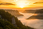 Ausblick vom Eichfelsen auf Schloss Werenwag mit Morgennebel, Sonnenaufgang, bei Irndorf, Naturpark Obere Donau, Oberes Donautal, Donau, Schwäbische Alb, Baden-Württemberg, Deutschland