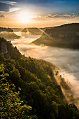 View from Eichfelsen to Werenwag Castle with morning fog, sunrise, near Irndorf, Obere Donau Nature Park, Upper Danube Valley, Danube, Swabian Alb, Baden-Württemberg, Germany