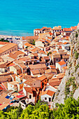 Stadt Cefalu, Ansicht von oben, Cefalu, Sizilien, Italien