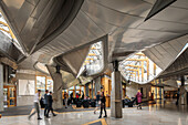 Interior view of the Garden Lobby, Scottish Parliament, stylized metal ships, Edinburgh, Scotland, UK