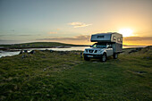 Campervan, motorhome travel, all-wheel drive bimobile, North Uist parking space, Hebrides, Scotland UK