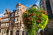 Medieval facades in the historic center of Tuebingen at the collegiate church St. Georg, Baden Wuerttemberg, Germany