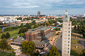 Albin Müller Tower, to the left of it the listed town hall, on the horizon the Magdeburg Cathedral, Magdeburg, Saxony-Anhalt, Germany