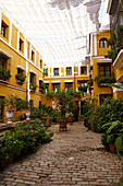 Courtyard with plants and awning in Seville, Andalusia, Spain