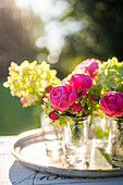 Rosa Rosen und weiße Hortensien in Vasen auf Tablett im Freien