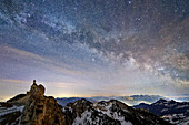 Starry sky and Milky Way over Kapelle am Wendelstein, Wendelstein, Mangfall Mountains, Bavarian Alps, Upper Bavaria, Bavaria, Germany