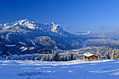 Snow-covered alpine pasture above Garmisch valley basin with Wetterstein with Alpspitze and Zugspitze in the background, Eckenalm, Estergebirge, Werdenfelser Land, Bavarian Alps, Upper Bavaria, Bavaria, Germany