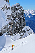 Frau auf Skitour steigt ins Watzmannkar auf, Watzmannkar, Fünftes Watzmannkind, Berchtesgadener Alpen, Nationalpark Berchtesgaden, Oberbayern, Bayern, Deutschland