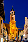 Obermarkt with Church of St. Peter and Paul at the blue hour, Mittenwald, Bavaria, Germany